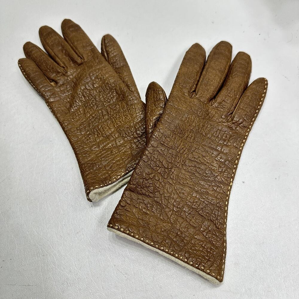 Gloves Women 6.5 Brown Crinkle Textured Coated Cotton Lined Wrist Top Stitch